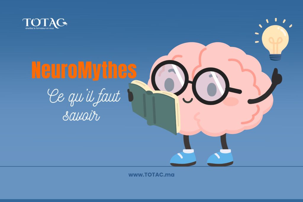 Illustration des neuromythes en pédagogie montrant les mythes sur le cerveau et l’apprentissage opposés aux connaissances scientifiques.